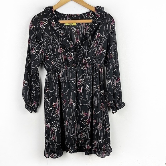 Orion London Dresses & Skirts - 𝅺ORION London Black Pink Floral Print Mini Dress V-neck 3/4 Sleeve